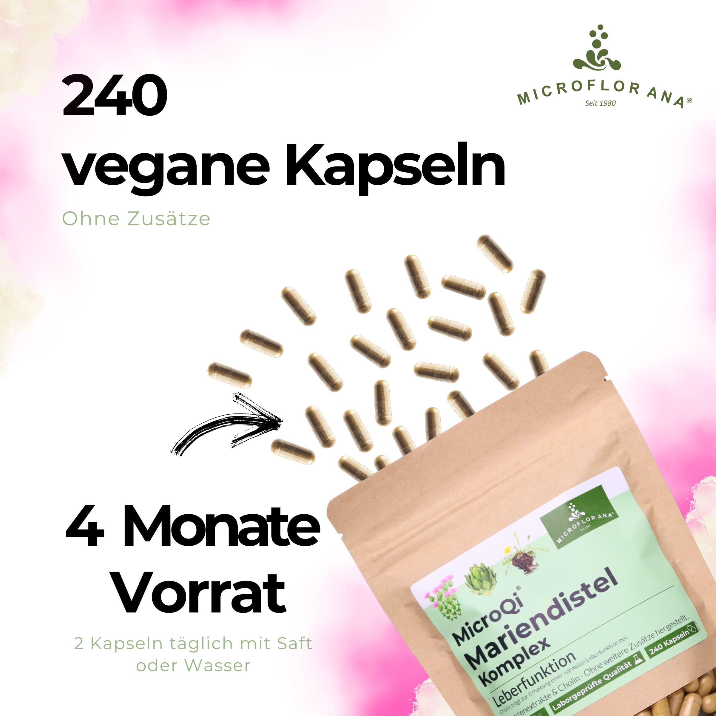Mariendistel Kapseln hochdosiert - 240 vegane Kapseln zur Leberunterstützung - Frei von Zusätzen - Leber Komplex mit Artischockenextrakt, Löwenzahnwurzel und Cholin - Silymarin & Cynarin