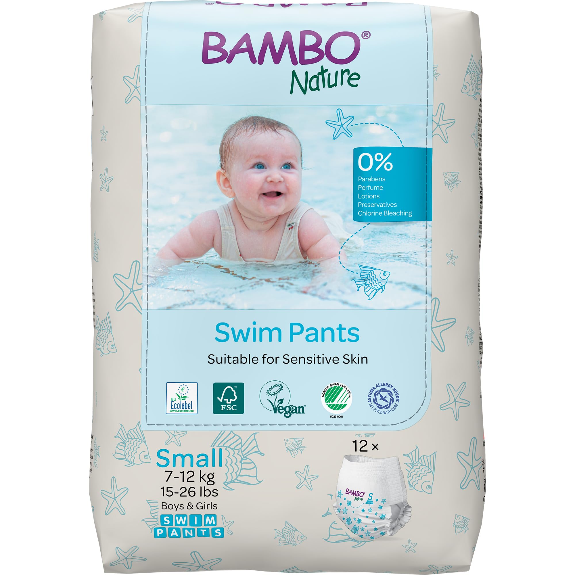 Bambo Nature Schwimmwindel Baby, Größe S (7-12 kg), 12 St. Windeln | Secure-Fit Einweg-Badehose | Auslaufsicherer Komfort beim Wasserspiel