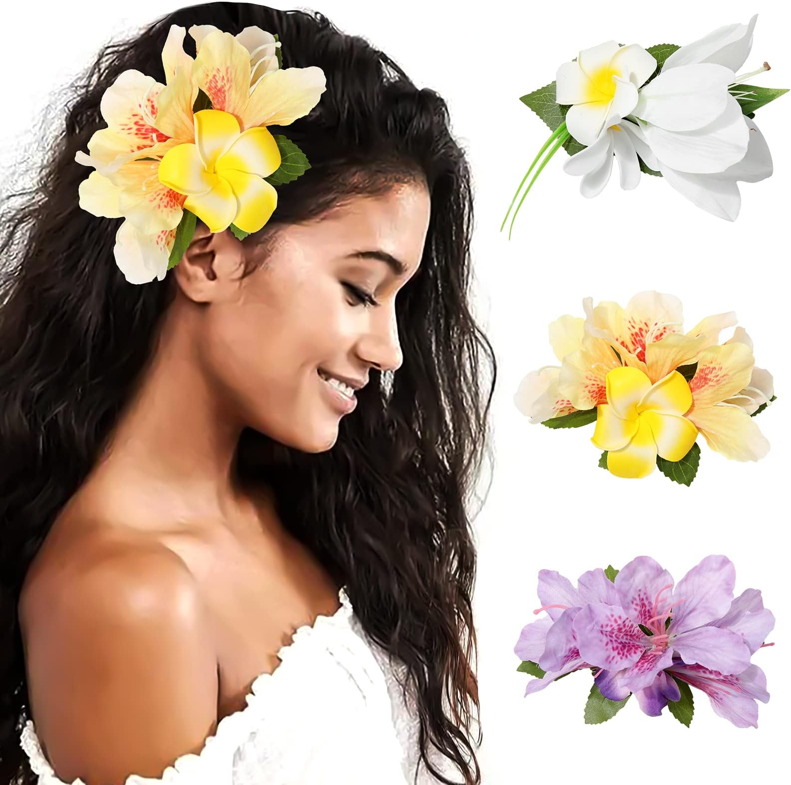 HAIMEIKANG Hair Clip, 3 Pieces Hawaiian Flower Hair Pins - Artificial Tropical Flower Hair Accessories for Women in White, Yellow, Purple (3 Count, 1 Package)