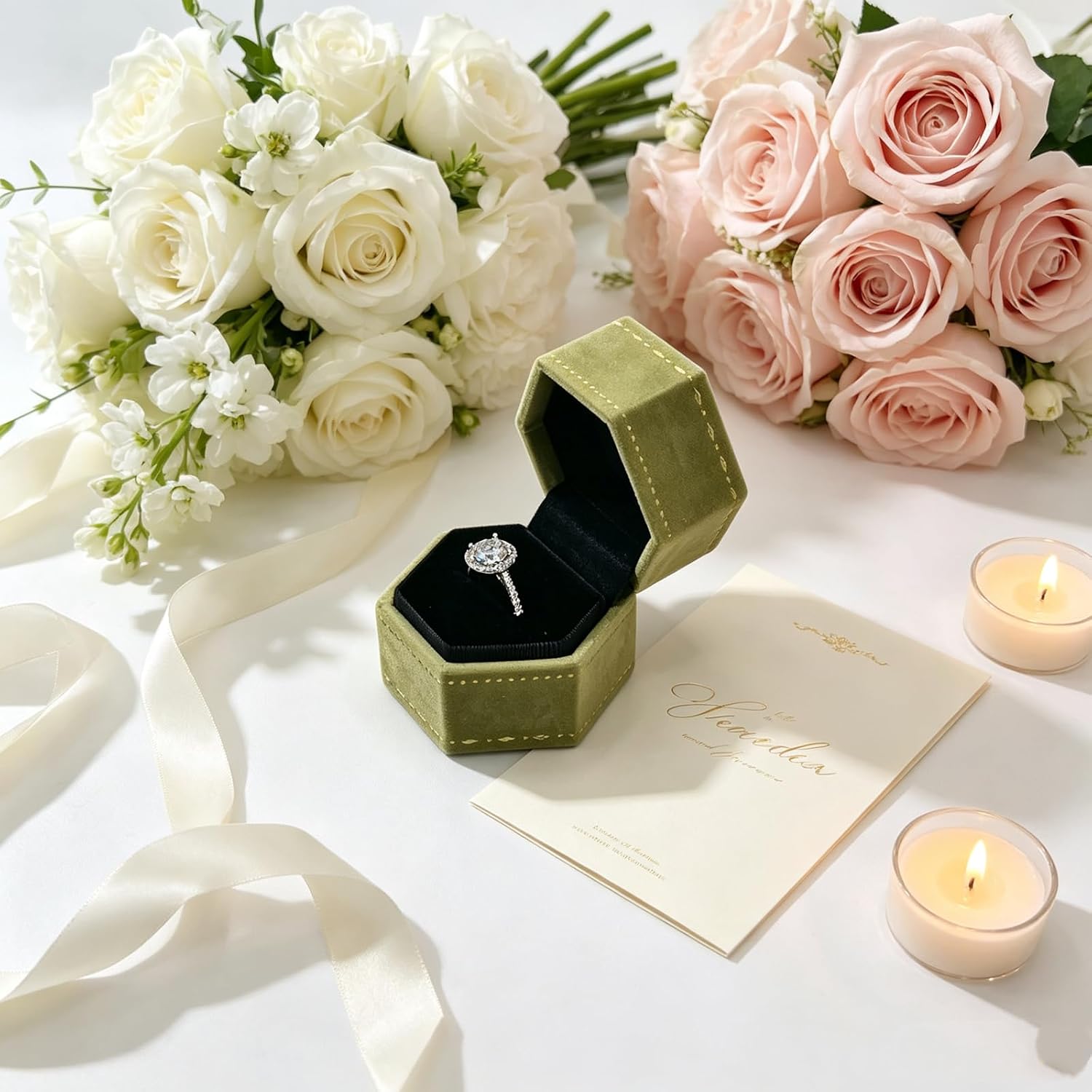 Jewelry Ring Box - Engagement Ring Box Ring Display Holder Case with Hinged Lid for Proposal Engagement Wedding, 1.96x1.65x1.65 IN U2-PRB013-Green image 5