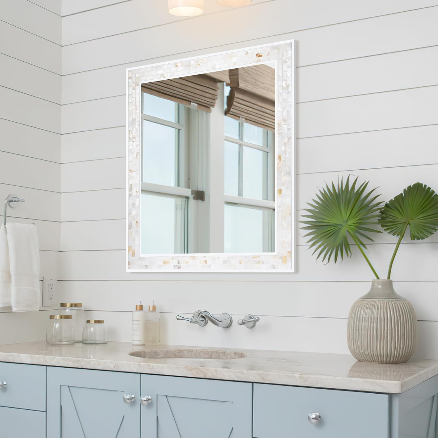 Tanmicoshomy 30 x 36 Inch White Bathroom Mirror, Natural Shell Framed Rectangle Mirrors with Tempered for Bathroom Bedroom, Living Room, Wall Mounted Horizontal or Vertical Hanging