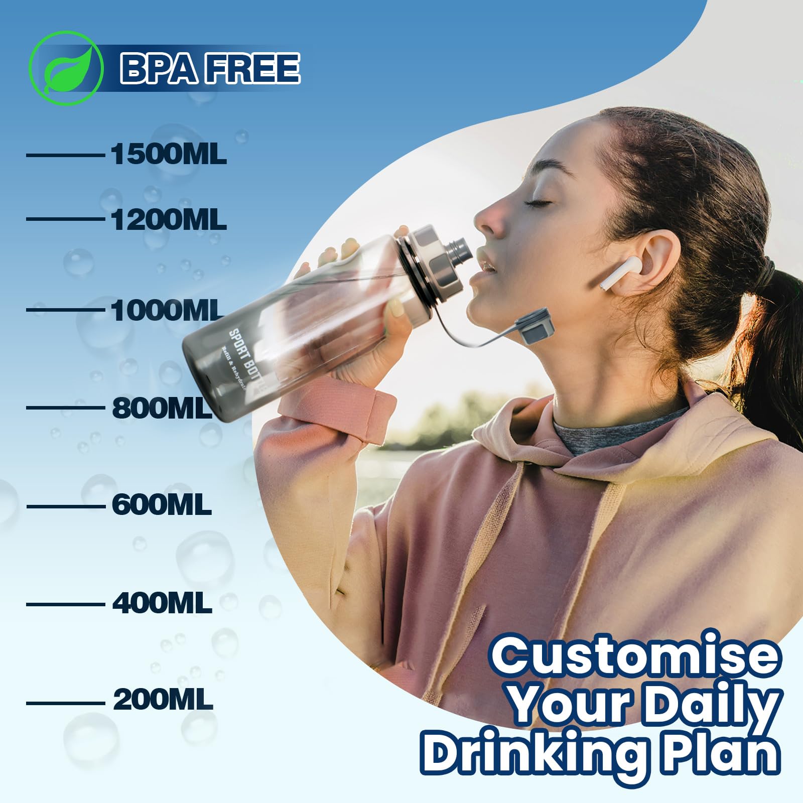 Petfu Borraccia Sportiva 1,5 Litri Prova di Perdite Water Bottle con Filtrante,Senza BPA Riutilizzabile Borraccia Acqua Plastica per Scuola, Palestra, Bici, Sportiva, Uffici