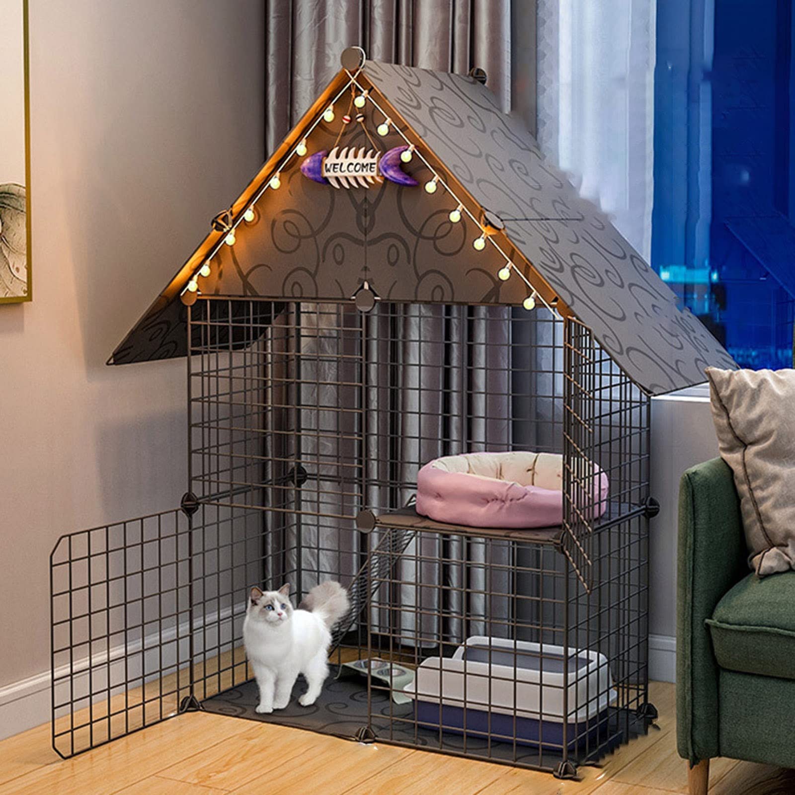 Jaula para gatos - Perreras para gatos de interior, jaula para gatos, parque para perros, jaula pequeña, valla de alambre de bricolaje con puerta para uso en interiores y exteriores (Blacka 75*75*109C