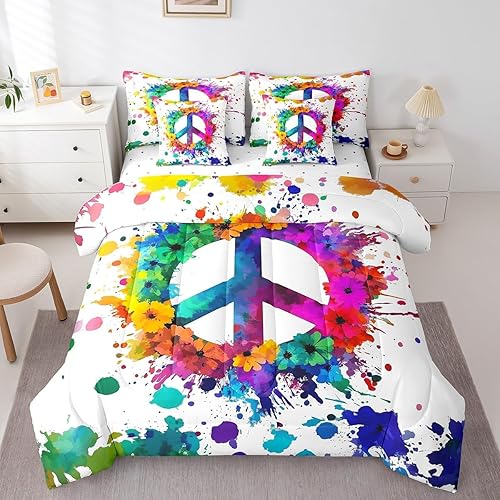 Tie Dye Peace Bed In A Bag Colorful Peace Sign King Comforter Set Soft Microfibe