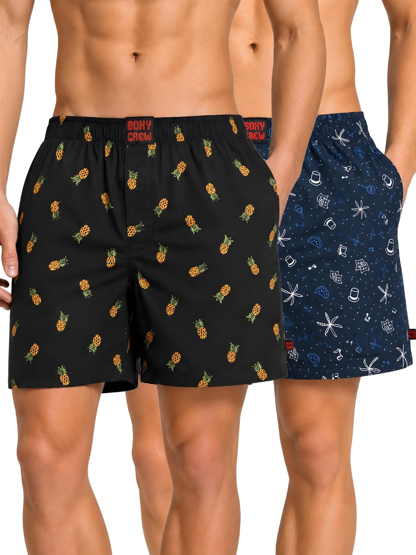 Men Boxer Shorts Pack of 2, 100% Cotton Woven Boxers, Charcoal Grey & Blue, Printed Designs, Dual Side Pockets, No-Marks Inner Elastic Waistband, Relaxed Fit Lounge & Sleep Shorts-image-40