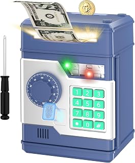 Piggy Bank, Automatic Electronic Piggy Bank for Kids Boys Girls with Password and Fingerprint Unlocking Simulation, Money Bank Kids Safe Toys for 3 4 5 6 7 8 9 10 Year Old Boy Girl (Navy)