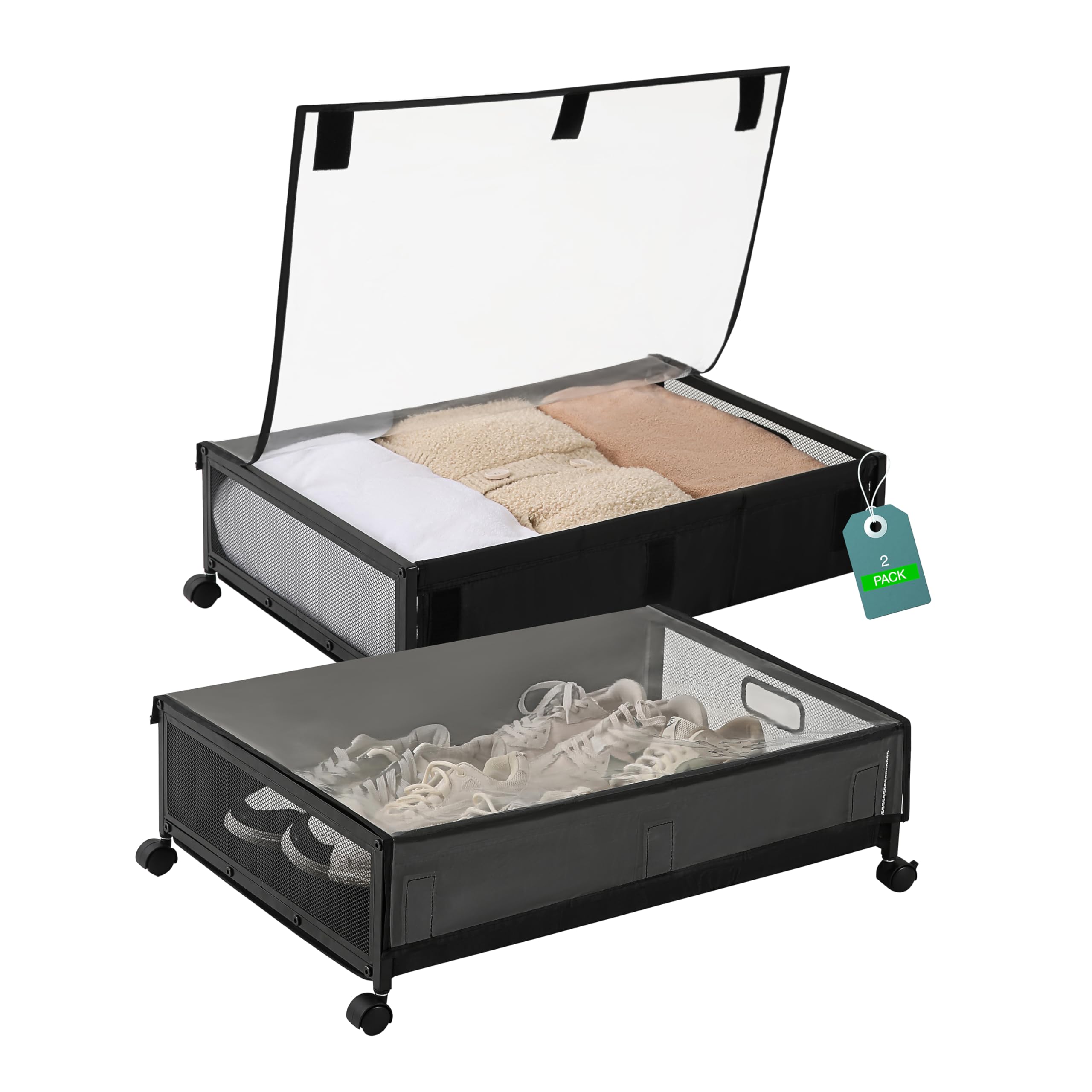 JSHNE Contenitori portaoggetti in legno con ruote, 80 l, extra large, con coperchio rimovibile, cassetti in metallo per vestiti e scarpe (marrone