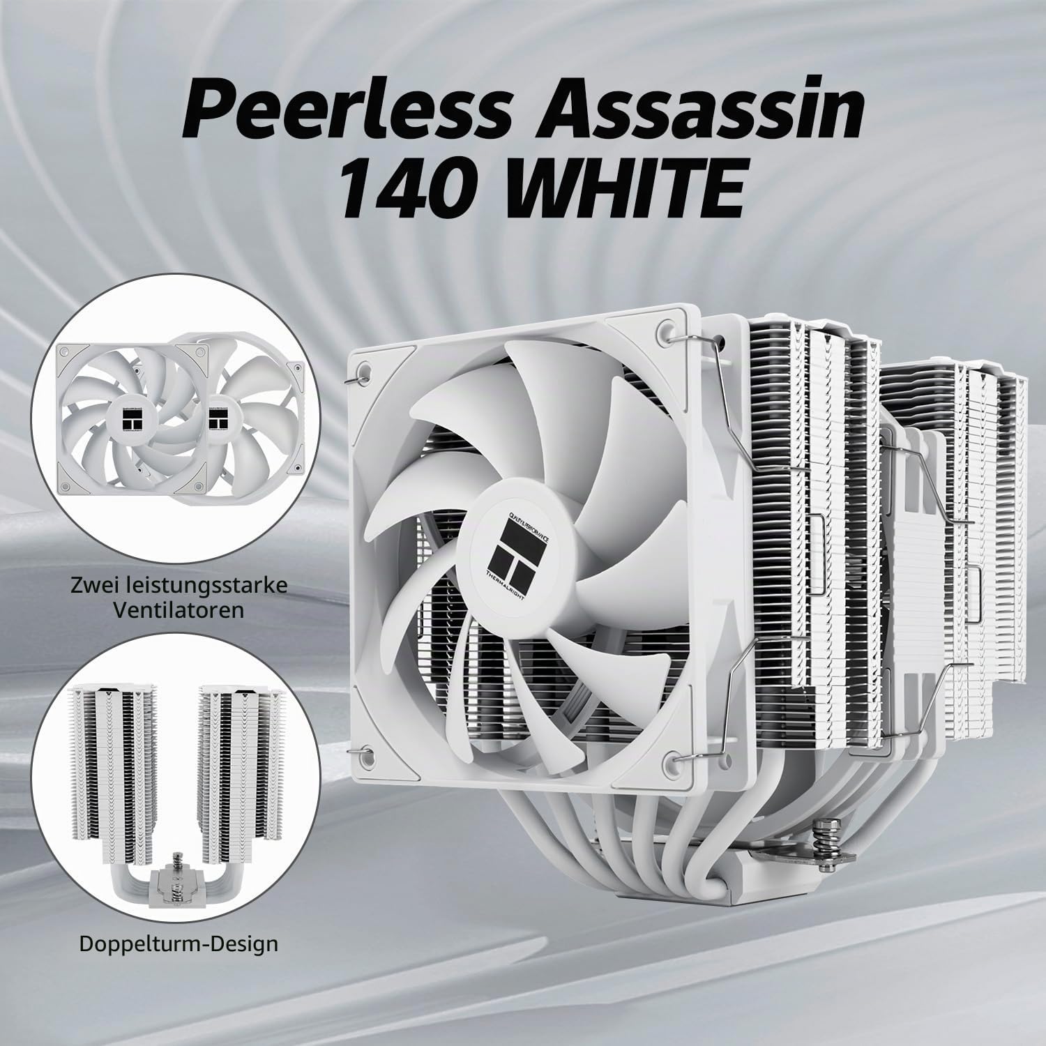 TR Peerless Assassin 140 Weiß, 6 Heatpipes, zwei PWM Lüfter und zwei Turme, 158 mm hohe CPU-Kühlung mit oberer Abdeckung, für AM4/AM5 und Intel LGA1851/1700/115X/1200
