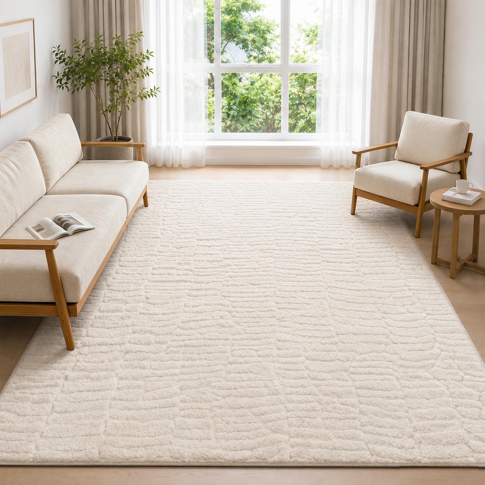VSIWB Rugs Living Room 160x230cm Soft Fluffy Washable Non-Slip 3D High Low Effect Modern Cream Carpet for Bedroom, Dining Room, Nursery, Office