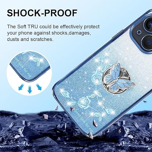 Miniatura 2 de Funda protectora para Apple iPhone 14 (6.1 pulgadas), para mujeres y niñas, funda protectora de TPU con diseño floral de mariposa con purpurina y