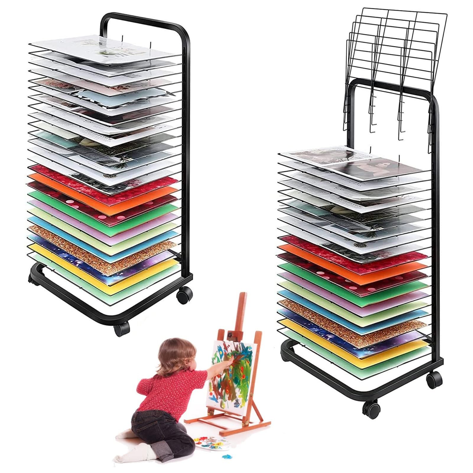 Aioneer Flexible Art Drying Rack With Mobile Cart And Stackable Shelves - Ideal For Classroom, Art Studios And Home Use - Stainless Steel Wire Rack For Painting, Craft And Canvas Storage,20,layer