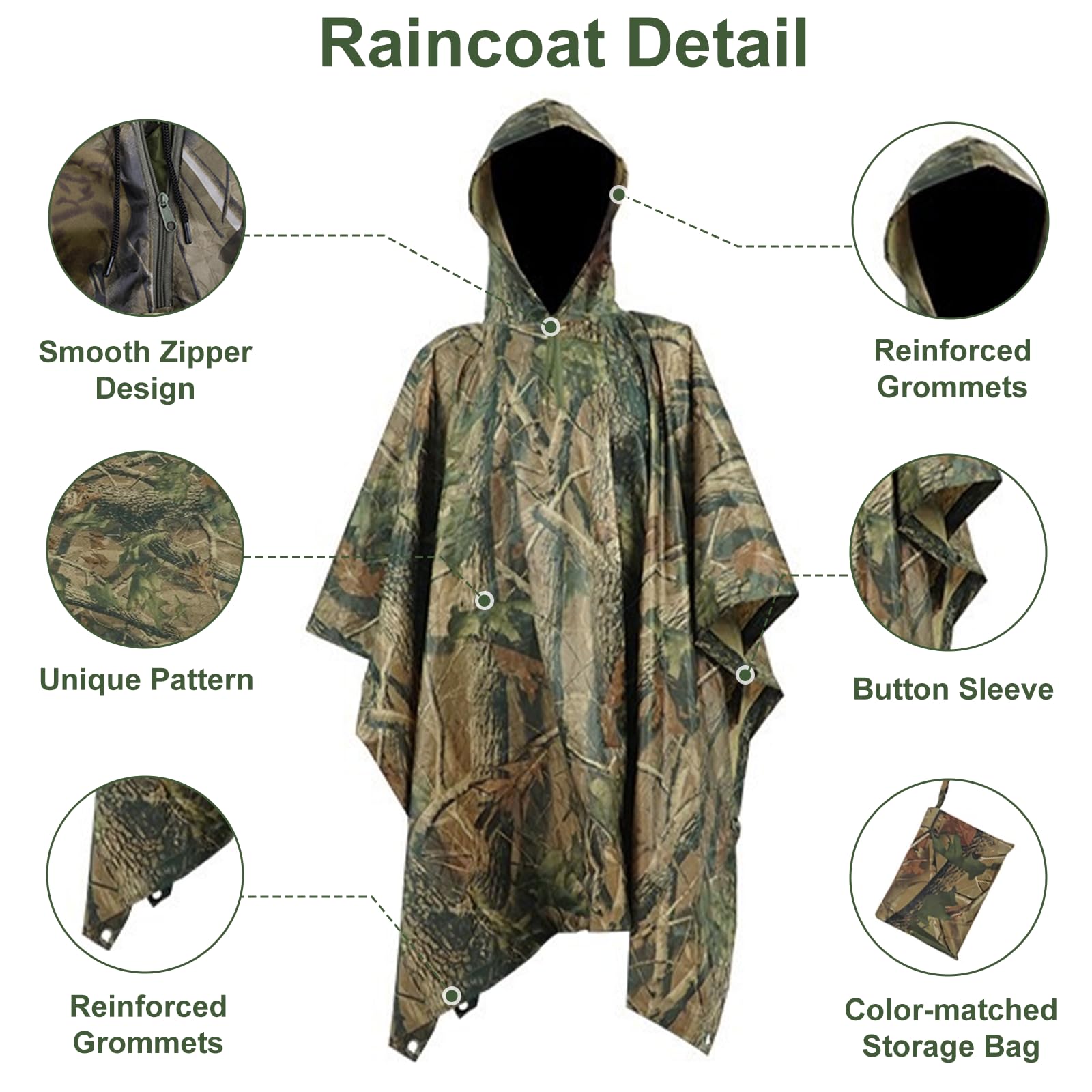 Poncho impermeabile, Camuffamento Raincoat Phocho Parasole o Antipioggia per Escursionismo, Camminata in Montagna, Campeggio, Ciclismo, Pesca o Caccia - Camuffamento