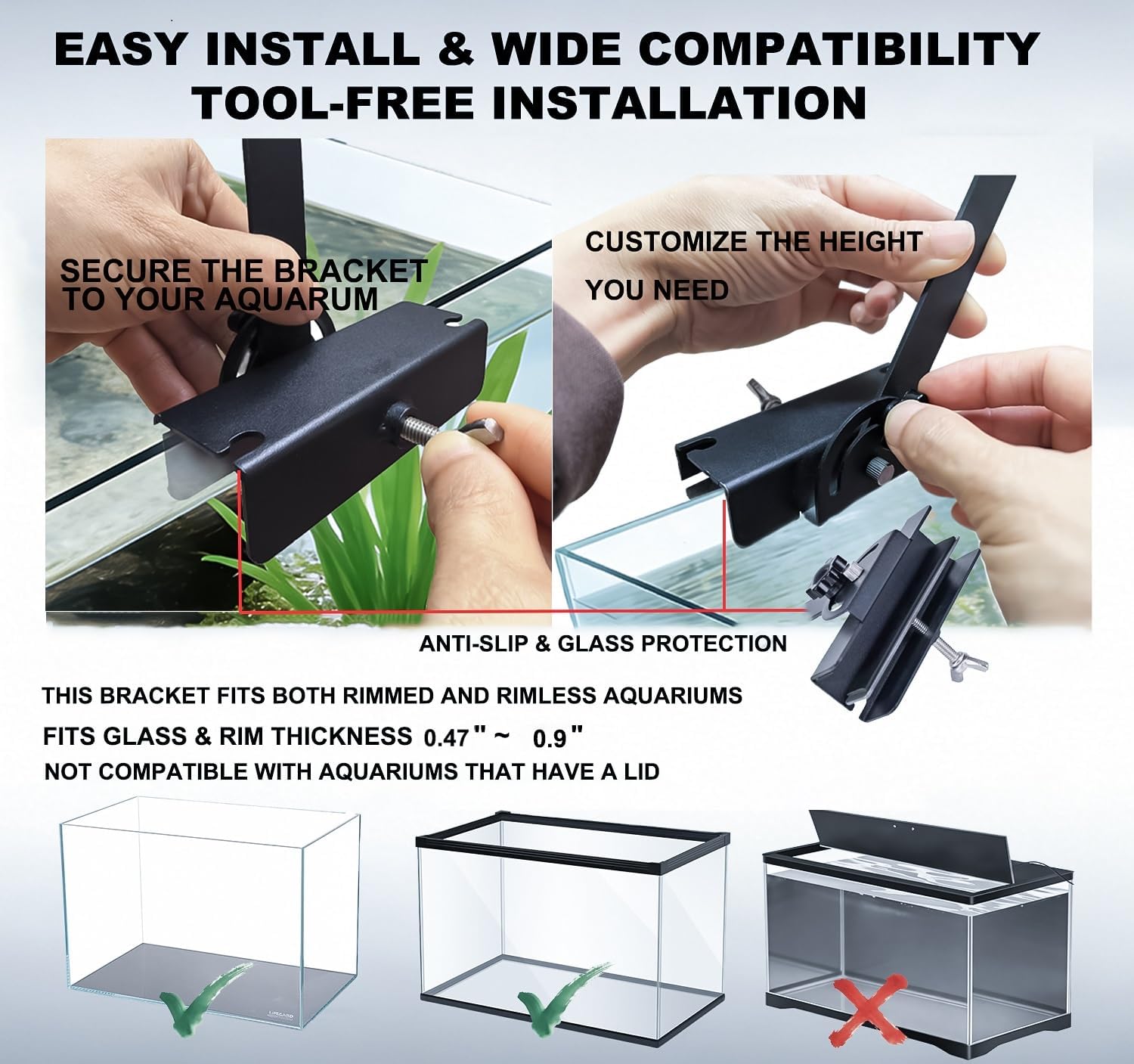 Metal Aquarium Light Riser & Holder - Adjustable Clamp Kit (2pcs), Max 0.9" Glass+Trim, Fits 4.9" Wide Lights on Lidless Tanks (Large)