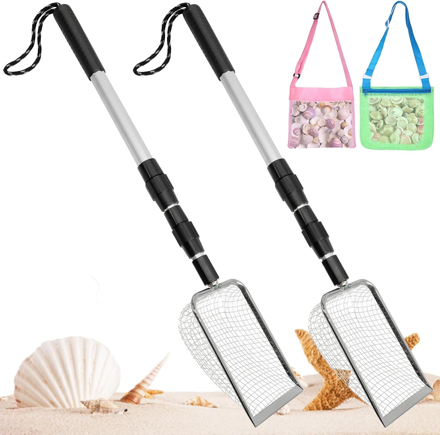2 Pack Sand Sifter for the Beach - Adjustable Shark Tooth Sifter - Beach Shovel and Sieve for Collecting Seashells and Shark Teeth