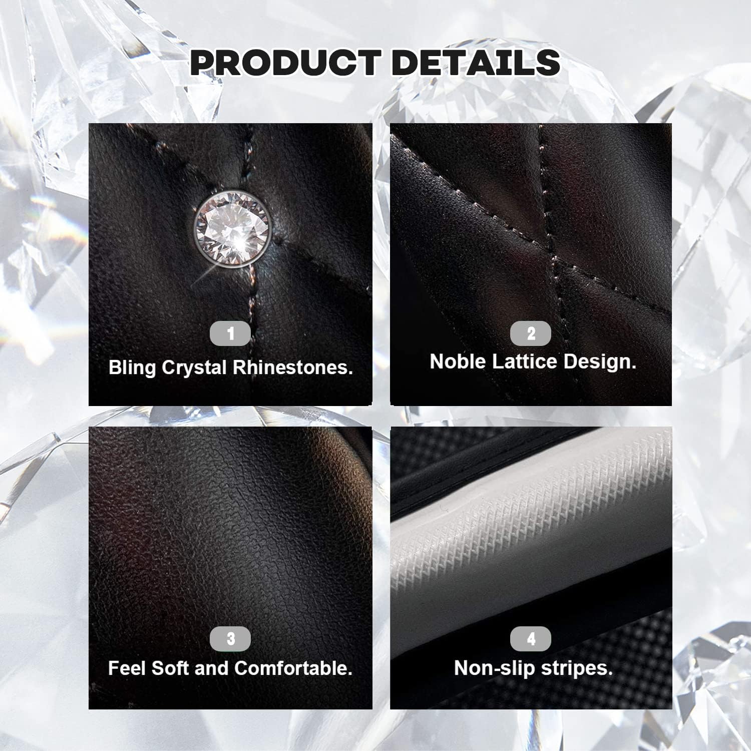 Cute Sparkly Black Car Steering Wheel Cover, Soft Breathable Anti-Slip PU Leather Steering Wheels Covers with Diamond Bling Rhinestone,Universal Protector Cars Accessories