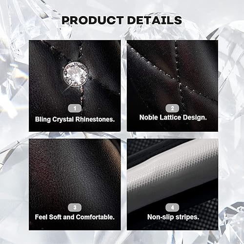 Miniatura 3 de Bonita funda negra brillante para volante de automóvil, suave, transpirable, antideslizante, de piel sintética, con diamantes de imitación