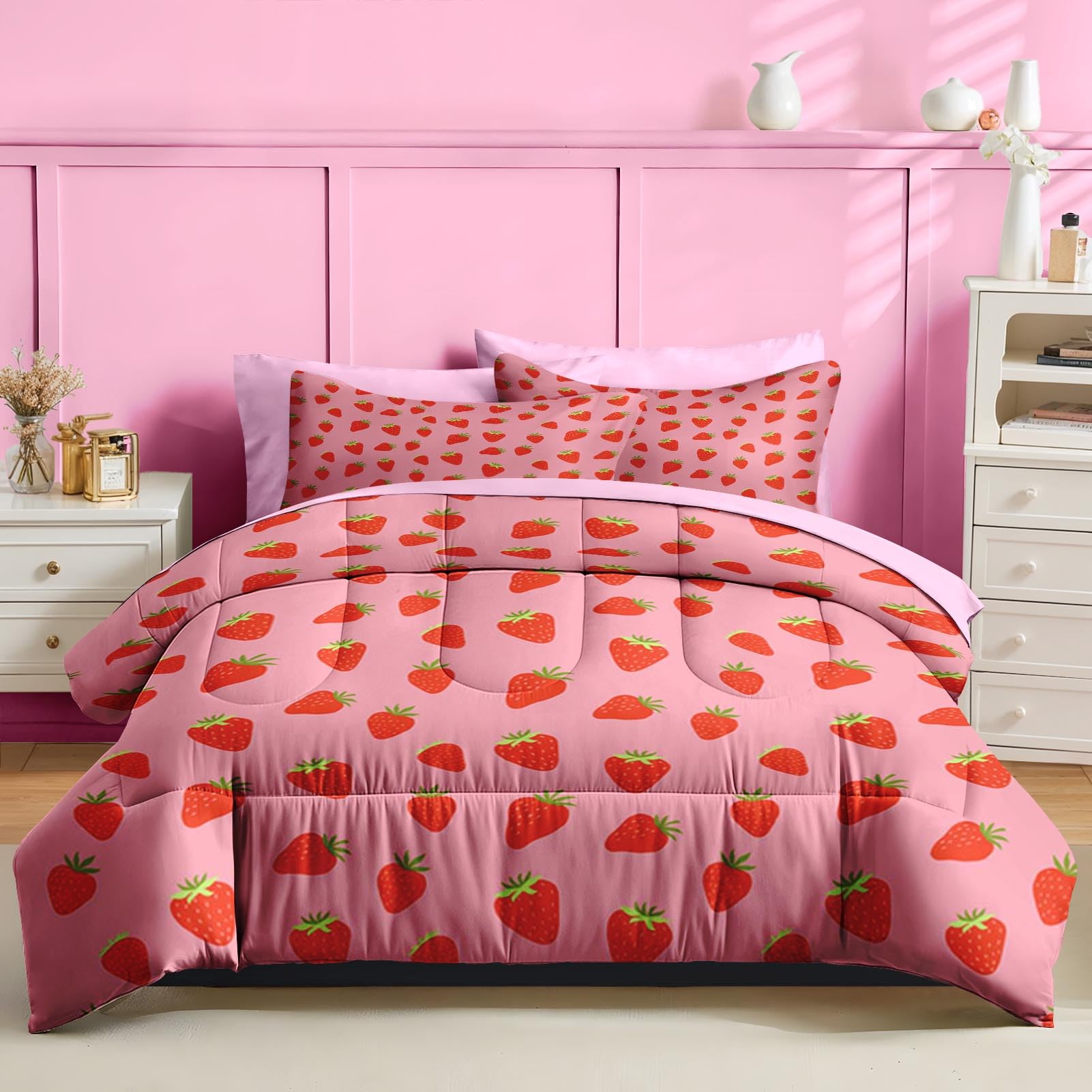 Nesker 5 Pcs Comforter Set Twin Size, Sweet Pink Fruit Bedding for Kids Teen, Cute Strawberry Bed Sheet with Pillowcase & Sham