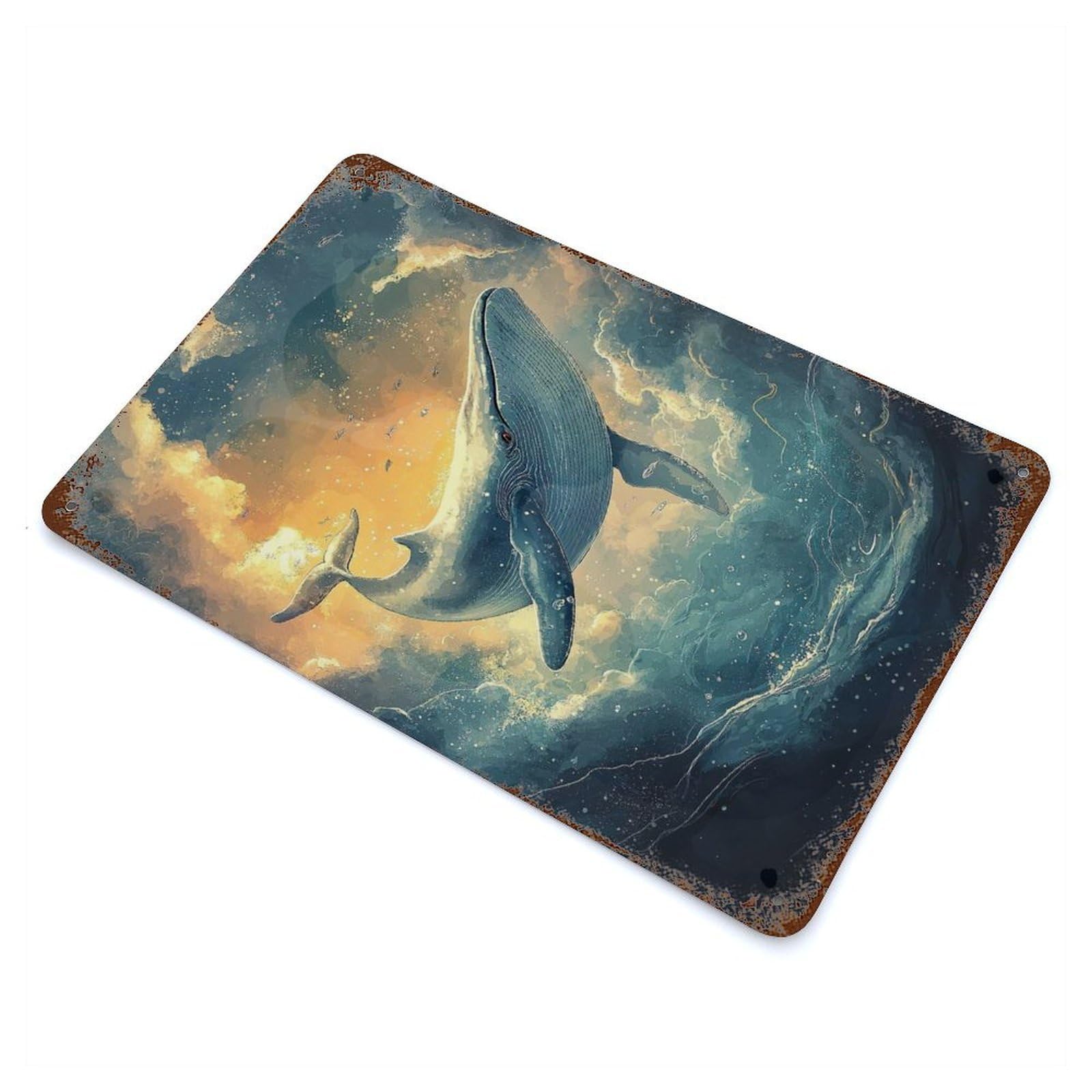 Garage Style Whale in Dreamy Ocean Scene Aged Metal Wall Plaque 11.8"x7.9", Farmhouse Wall Decor for Bar And Workshop