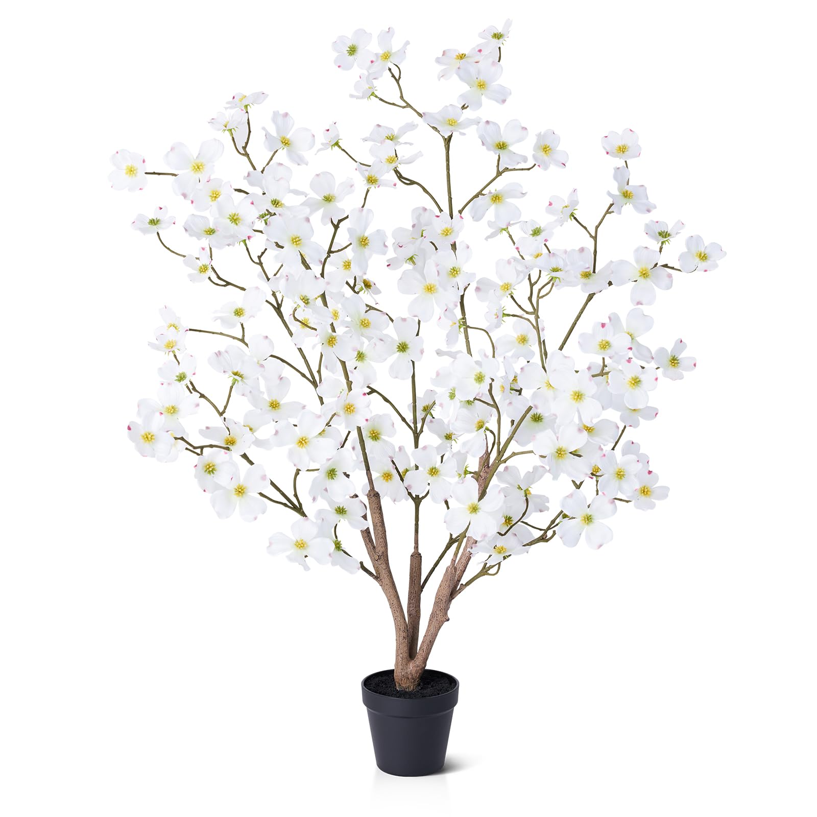 VeriNatural Künstlicher Hartriegel 90 cm - 128 Blüten Kunstpflanze Groß in Weiß, UV-beständig Künstlicher Baum im Topf - Perfekte Deko Künstliche Pflanzen für Wohnzimmer, Büro, Balkon, VN230