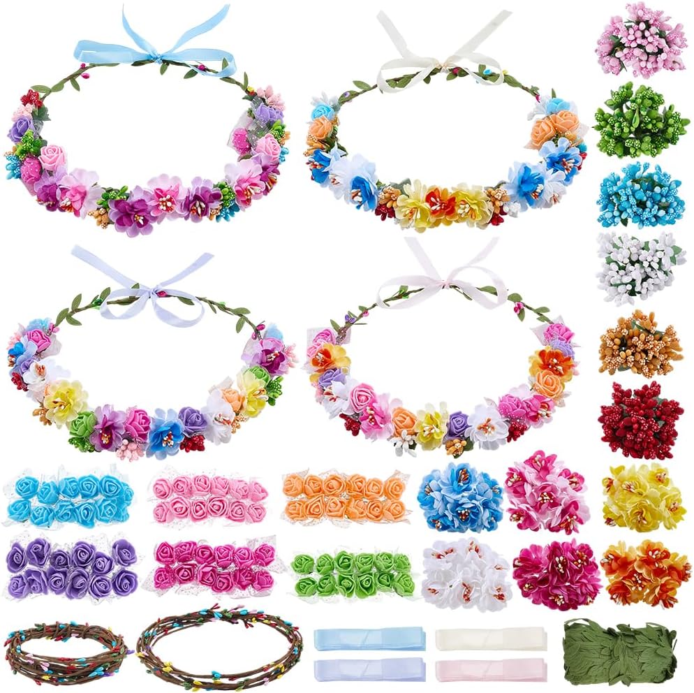 INFUNLY 30 Set DIY Flower Crowns Making Kit Rose Wedding Wreath with Instruction Berries Branches Hanging Floral Garland Kits Make Your Own Flower Headbands Bracelets Kit for Women Wedding Gift Decor