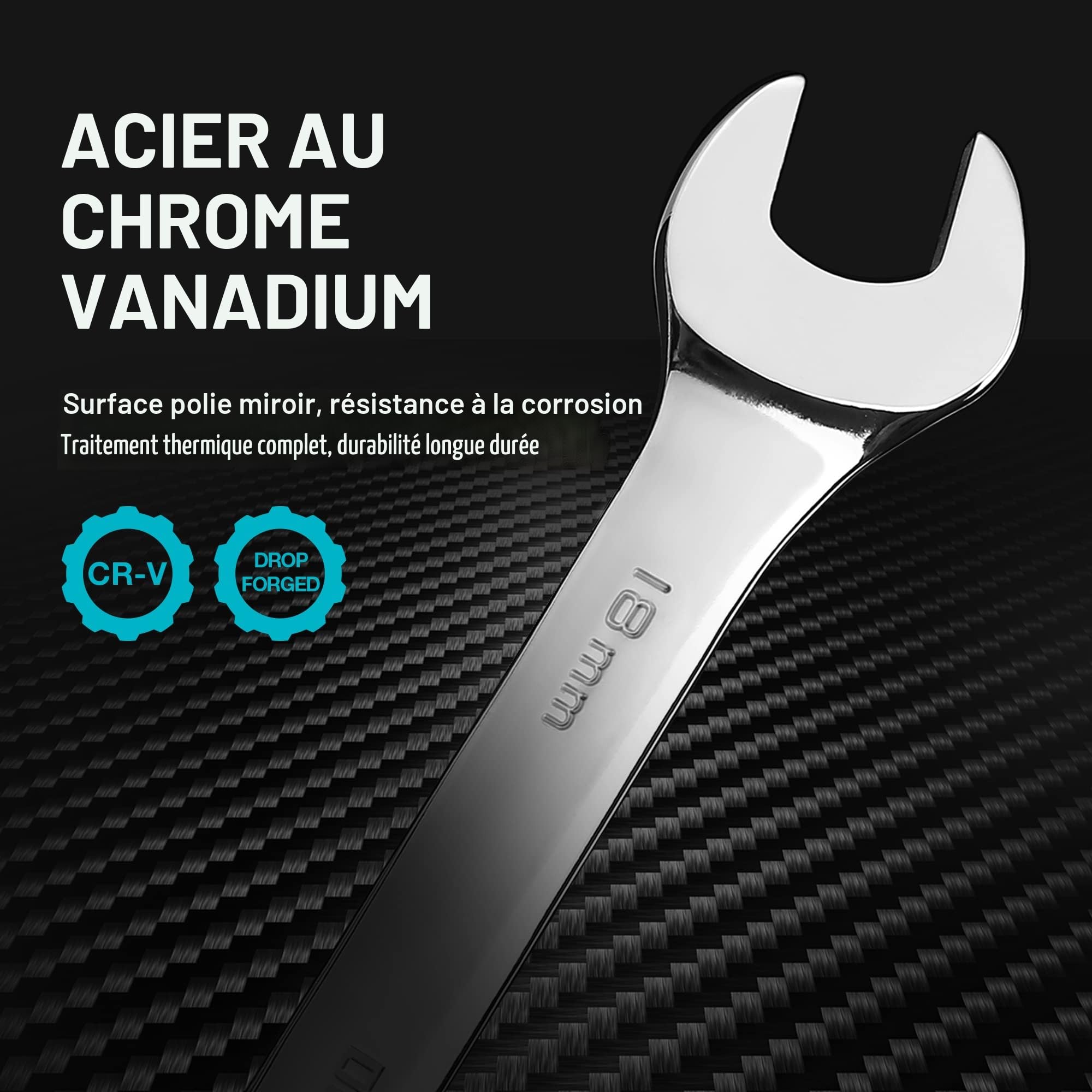 DURATECH Lot de Clé Plate à Cliquet 10 pièces 6-18 mm, Jeu de Clés Mixtes à Cliquet en Acier au Chrome Vanadium, 72 Dents 5° Angle Reprise, Métrique, avec Pochette Enroulable