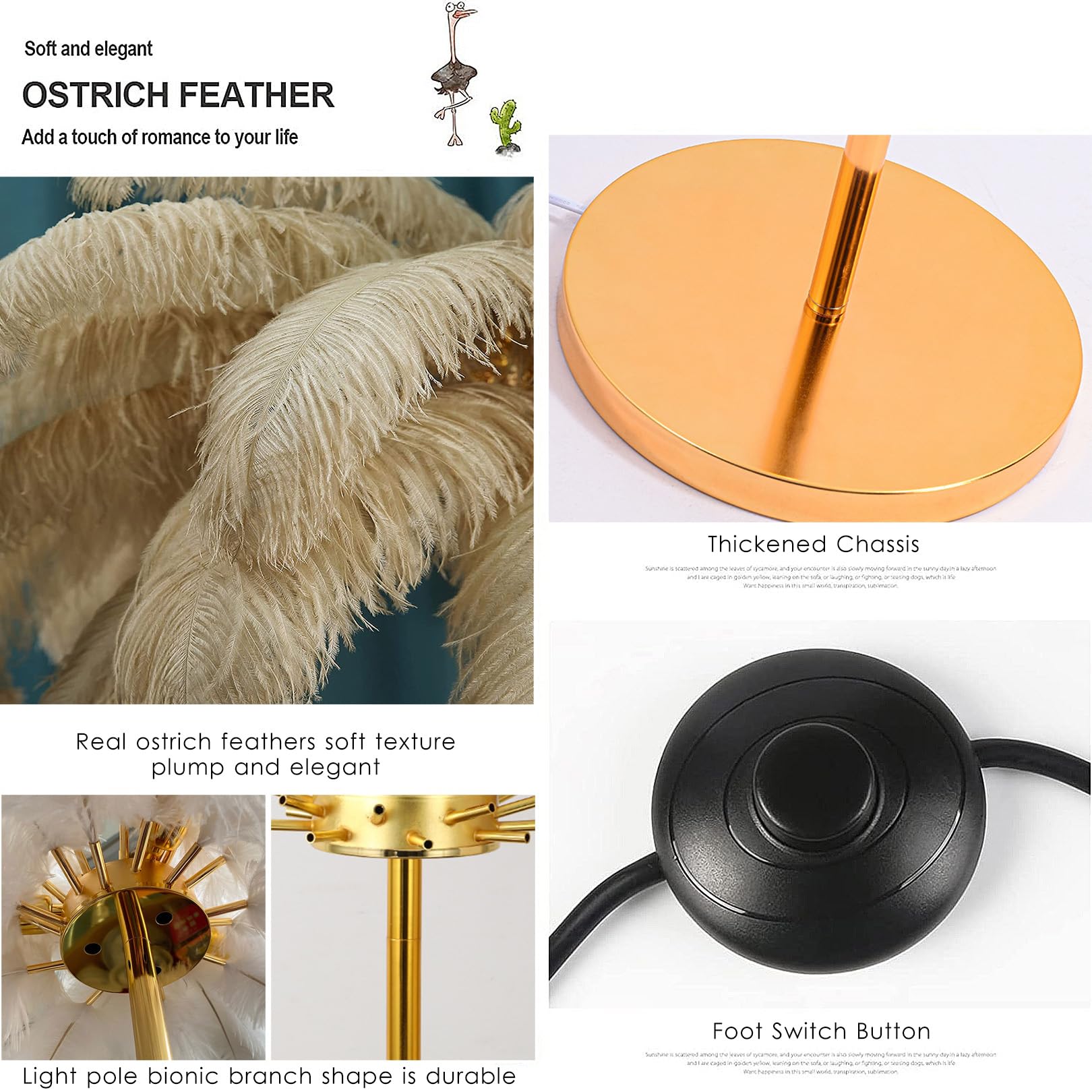 Moderne Luxe Véritable Plume D'autruche Or Lampadaire En Métal Nordique Lampe Sur Pied Villa Repot Hôtel Décor Éclairage Romantique Princesse Chambre Chevet Lampadaire 160 cm