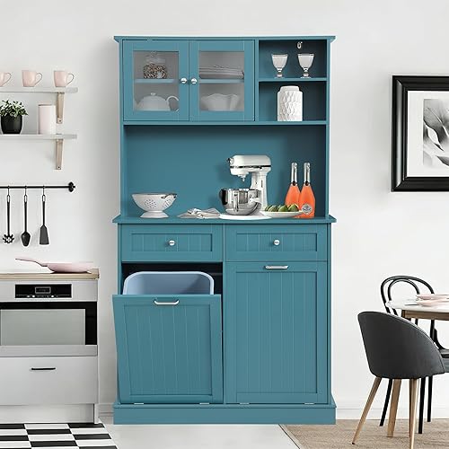 Kitchen Pantry Storage Cabinet, Microwave Cabinet with Tilt Out Trash Cabinet, Freestanding Kitchen Hutch,Tall Pantry Cabinet Cupboard (Blue)