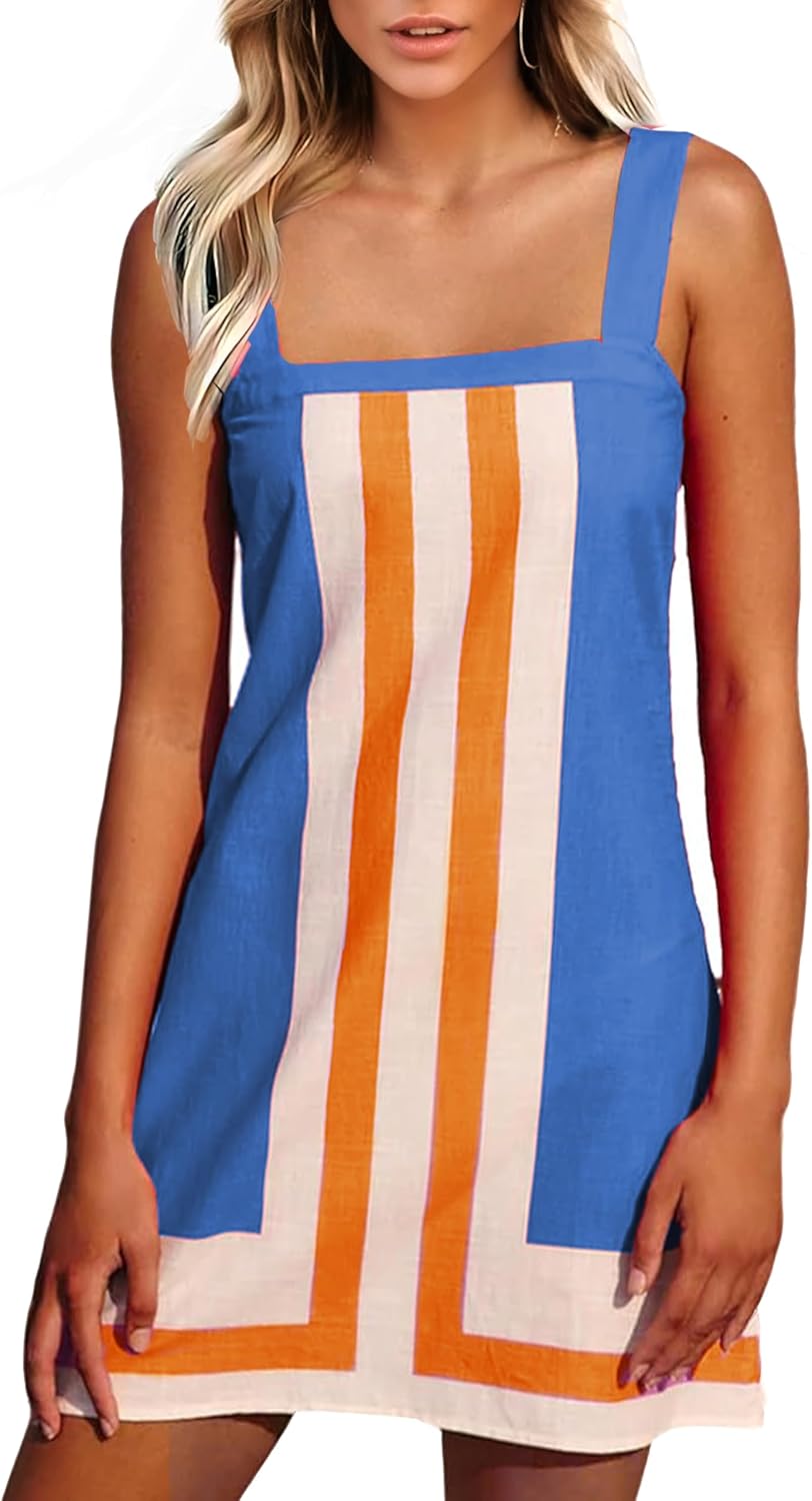 Ailoqing 2026 Women Boho Floral Mini Dress Summer Casual Color Block Beach Overall Striped Dress Coverups