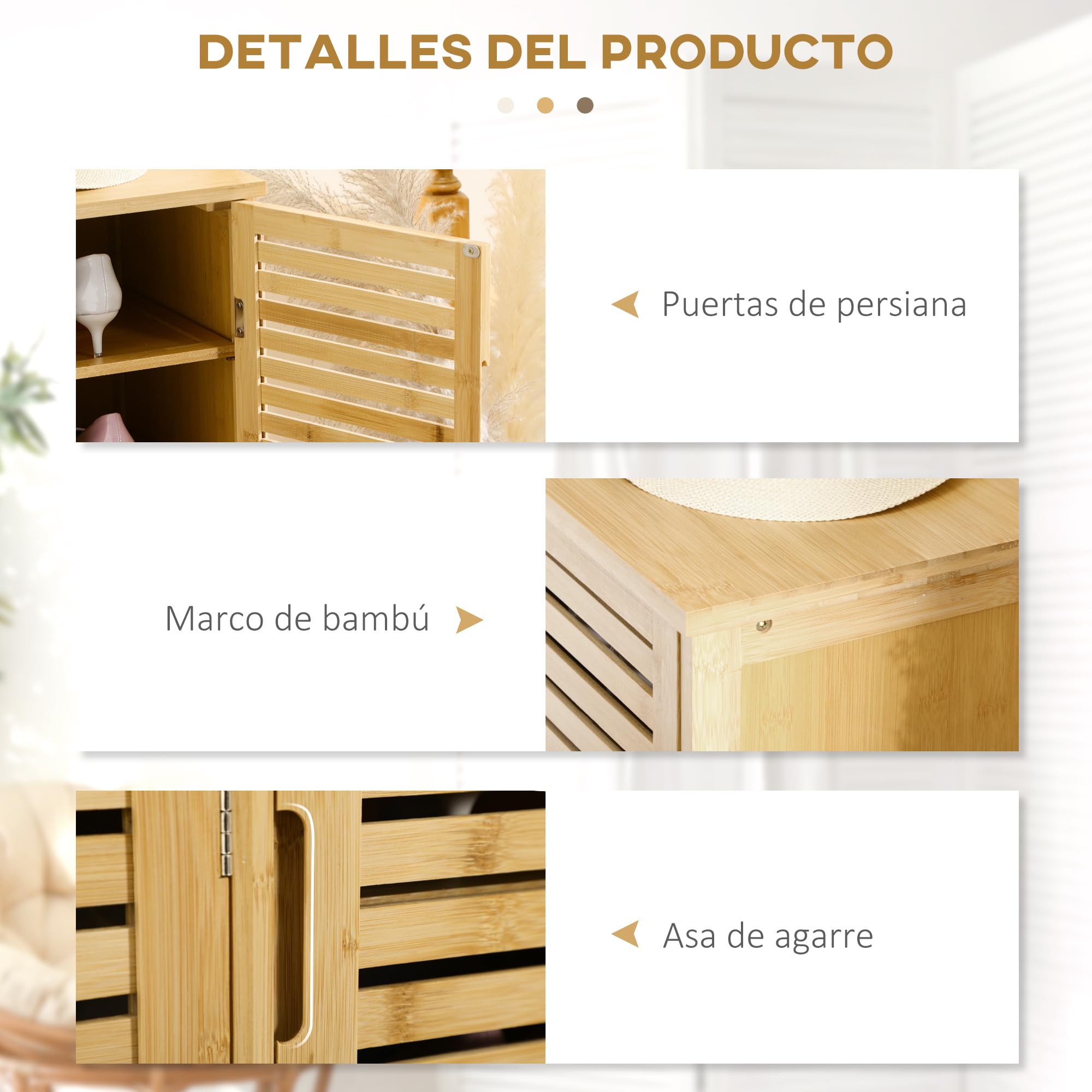 HOMCOM Mueble Zapatero de Recibidor de Bambú 100x35x80cm Natural | Armario Zapatero, 3 Puertas de Persianas, Estantes Ajustables, 16 Pares de Zapatos, Pasillo Entrada