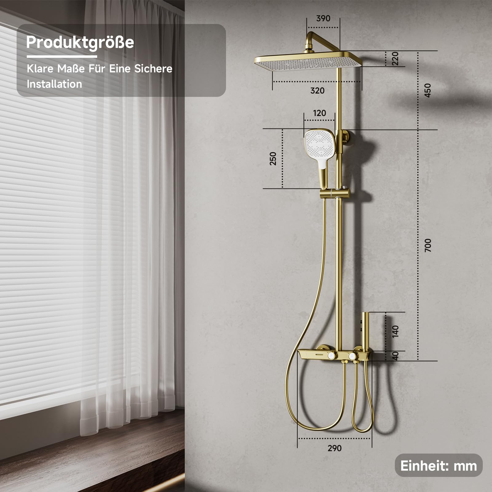 Duschsystem,Gebürstetes Gold Duschsystem mit thermostat | 4-in-1-Duschsäulen-Set mit 320 × 220 mm großer Regendusche, Duschset mit Duschkopf, Duschgarnitur mit Regendusche