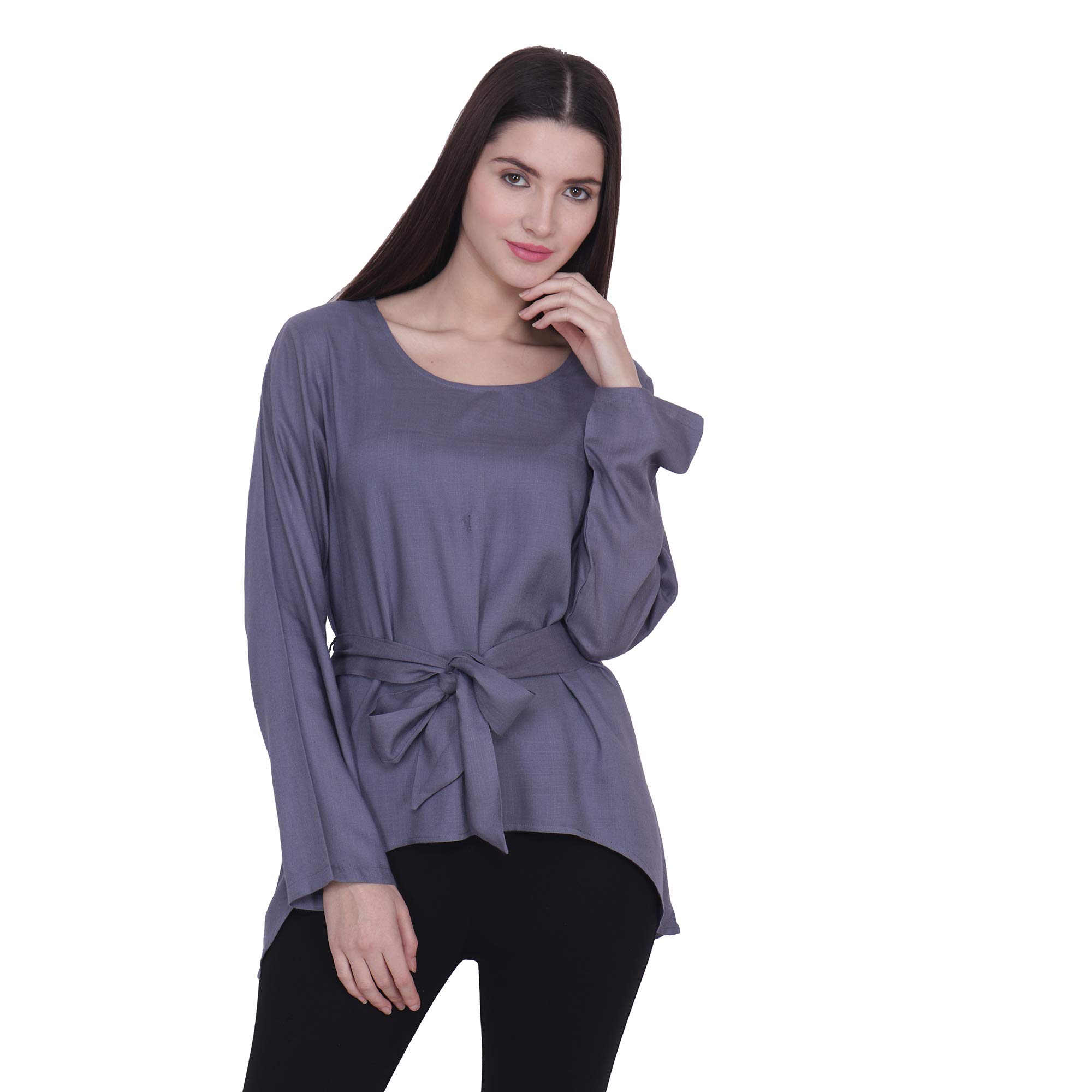 Frempy Womens Western Rayon Regular Asymetric Top/Solid Grey Top/Long Sleeves Top/Round Neck Women Western Top
