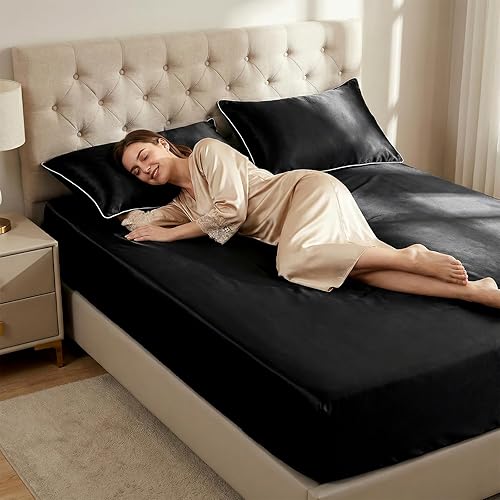 Miniatura 2 de Juego de ropa de cama de satén de 3 piezas, sábana bajera ajustable de satén con fundas de almohada, suave, cómoda, hipoalergénica y transpirable (1