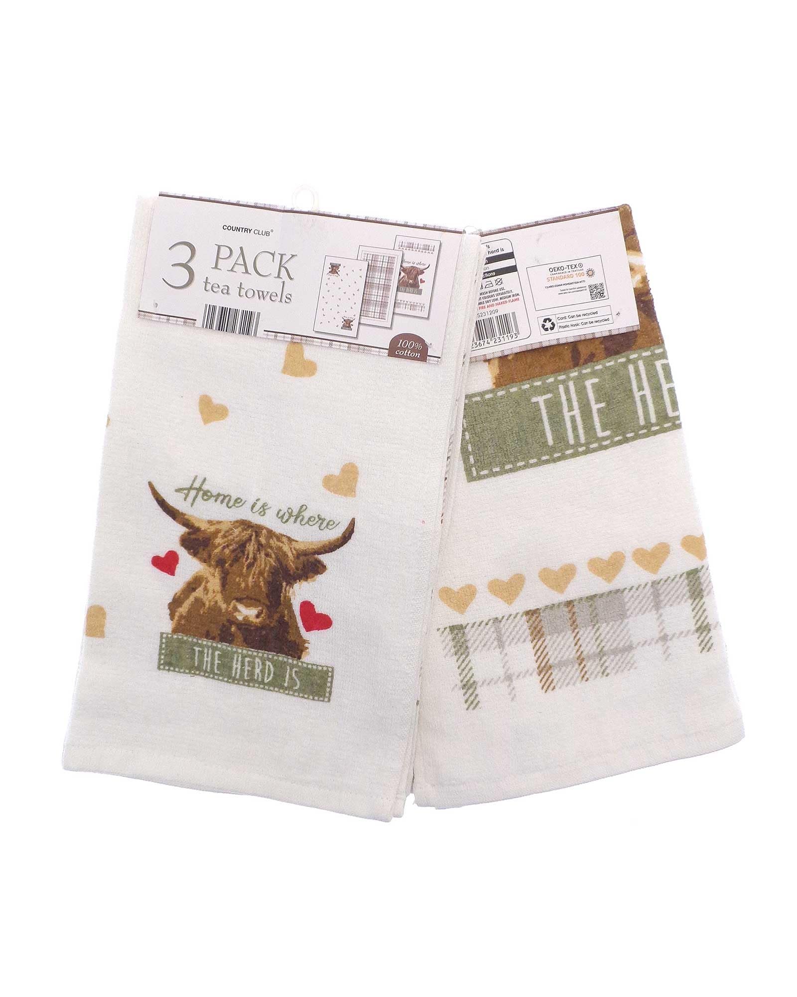 Highland Cow Tea Towels. ' Home is Where the Heard Is' 100% Cotton, Set of 3, Country Design with Plaid Pattern