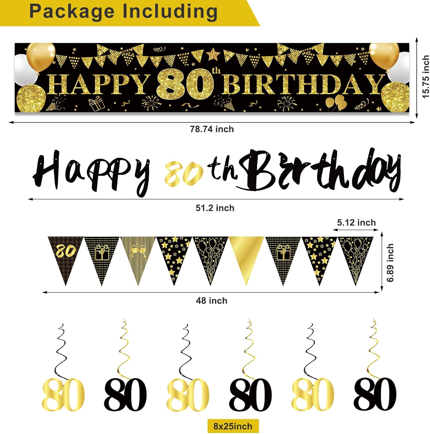 80th Birthday Decorations for Men, Black Gold 80th Party Decoration Kits | 27pcs Happy 80th Birthday Set, Banner, Honeycomb, Balloons, Gold Number, Candle, Hanging Swirls, Cake Topper, Party Supplies