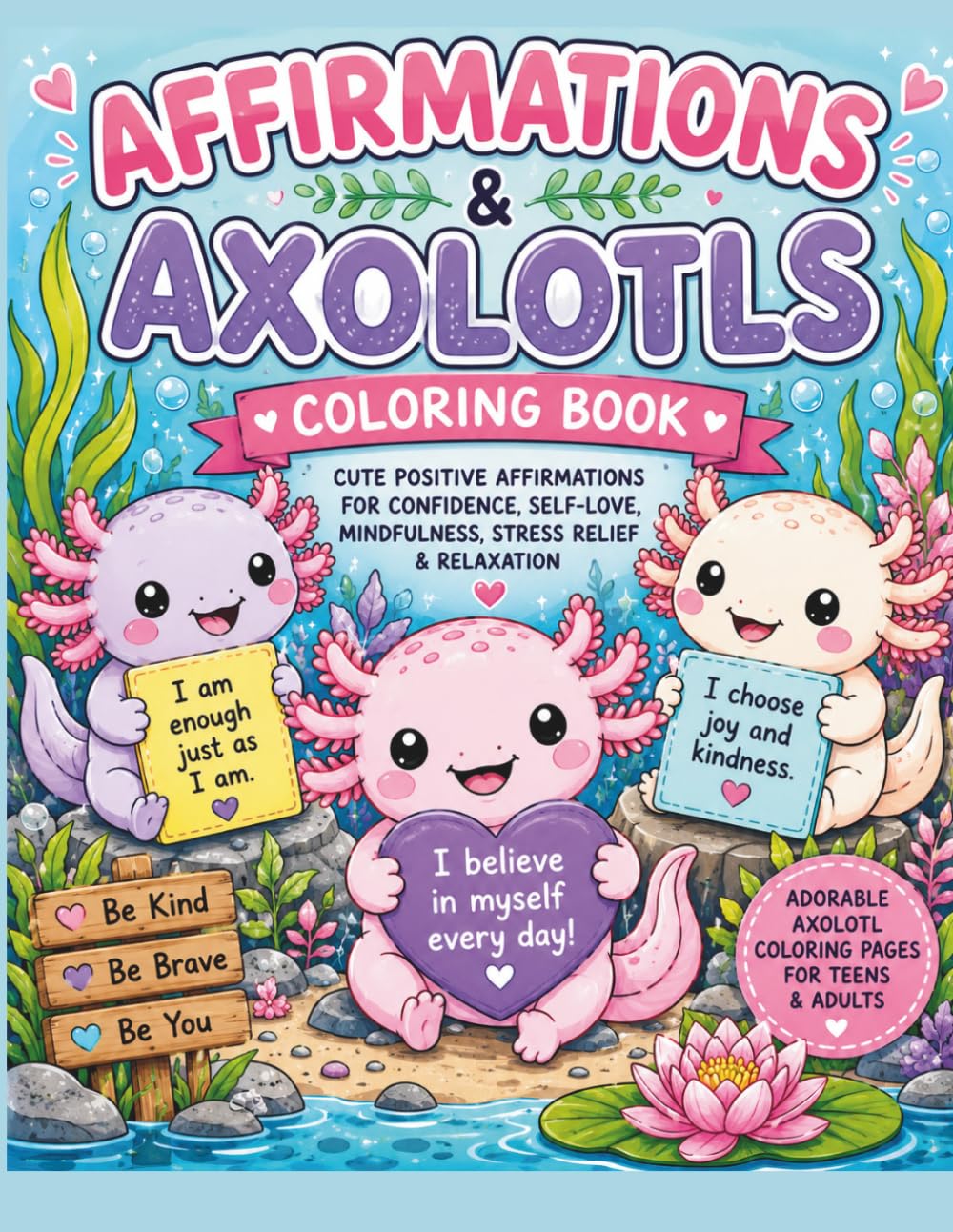 Mindful Affirmations and Axolotl's Coloring Book: Great for all ages! Relaxing Mindfulness.