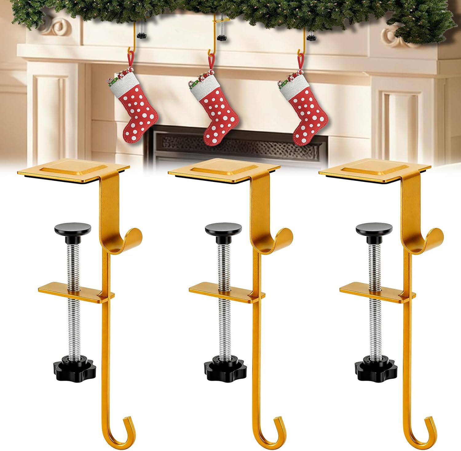 Garland Hangers for Mantle,Heavy Duty No Drill Fireplace Stocking and Garland Hanger,2-in-1 Adjustable Stocking Hangers for Mantle,Sturdy Metal Stocking Holders for Christmas Decorations(3pcs)