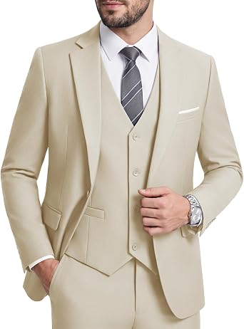 Mens 3 Piece Suit Set with Tie, One Button Slim Fit Solid Jacket Vest Pants, Prom Party Wedding Business Suits for Men