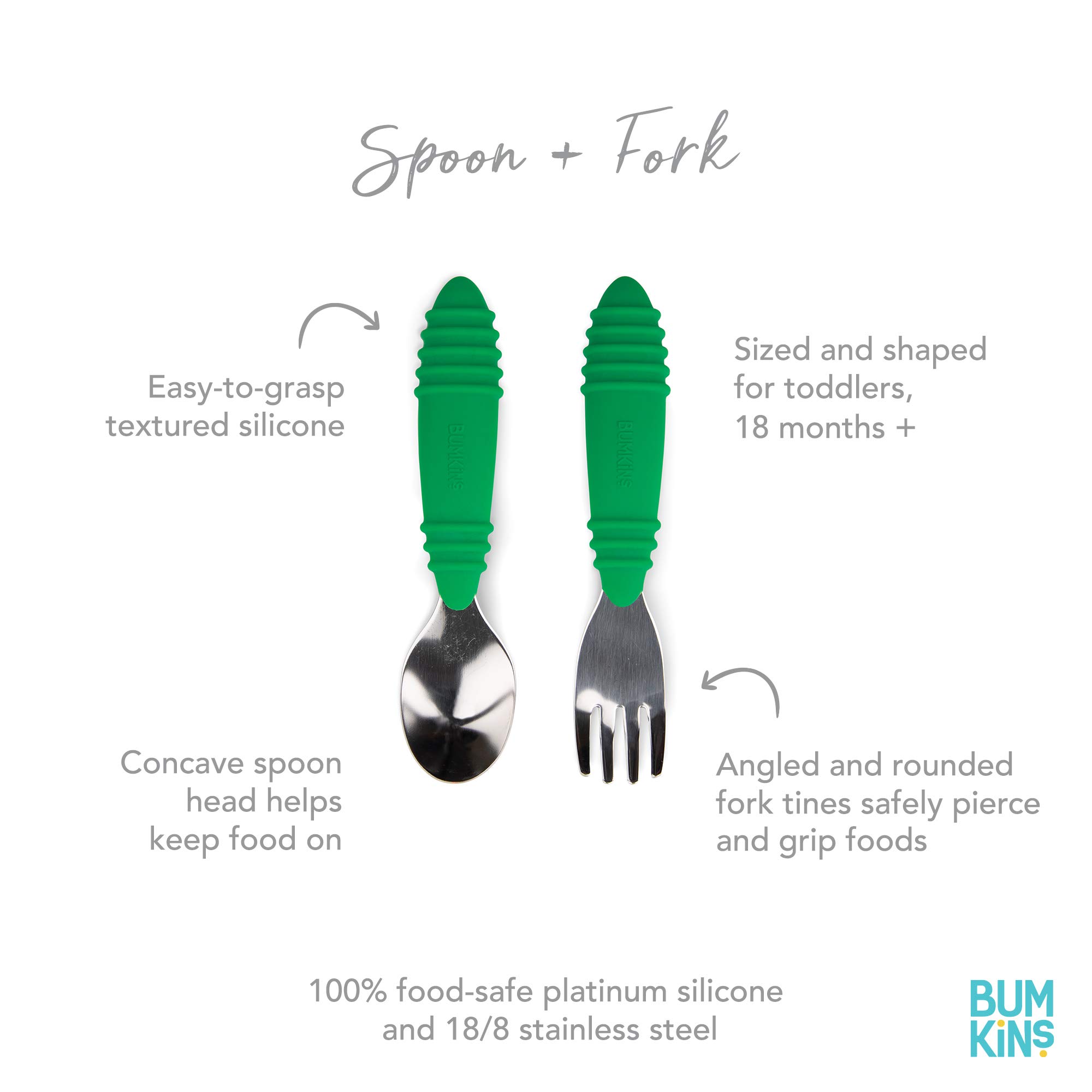 Bumkins Toddler Utensils, Kids Size Fork and Spoon Set, Silicone and Stainless-Steel Training Silverware - Image 2