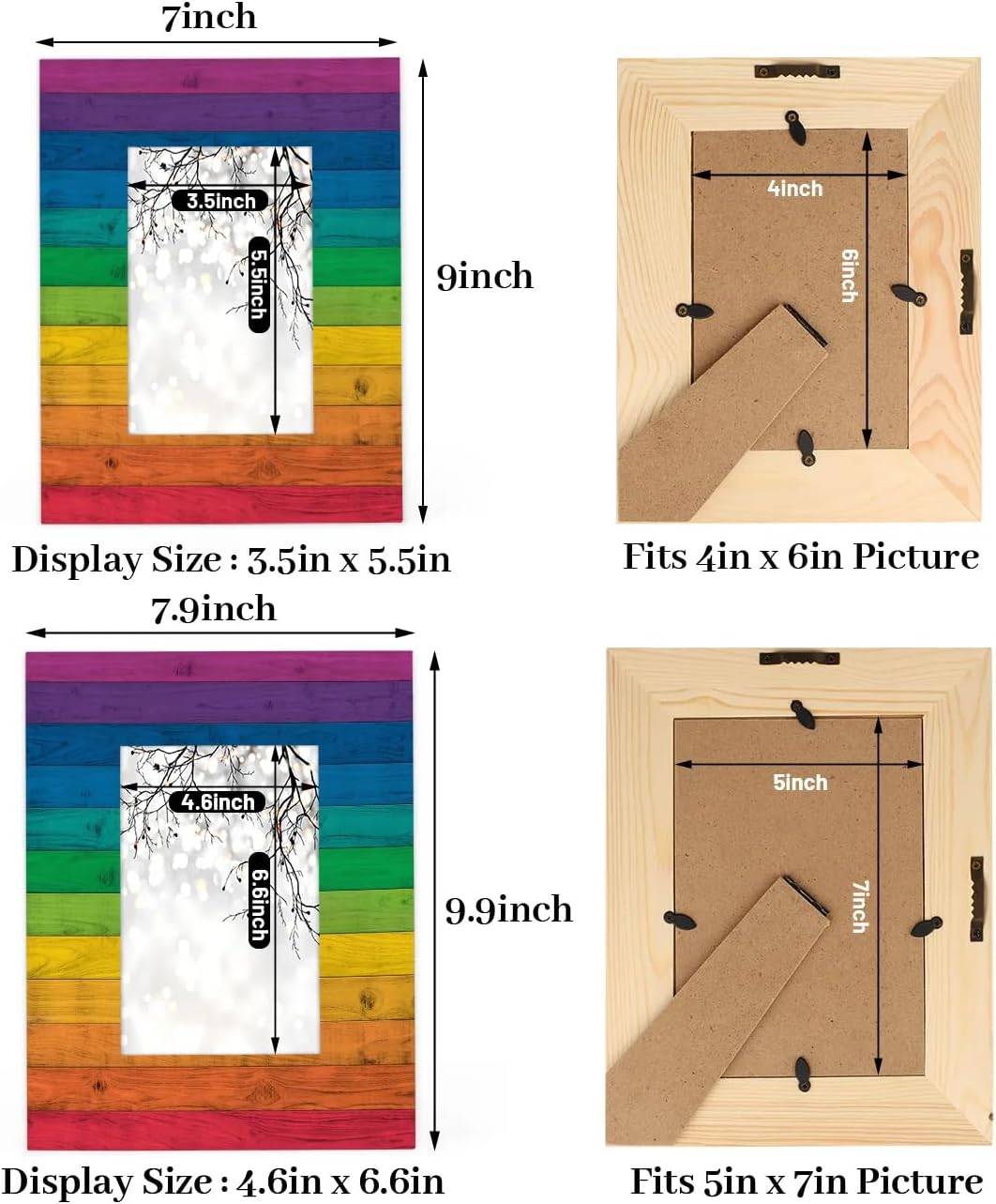 Tavisto Rainbow Colorful 5x7 Picture Frame Farmhouse Rustic Wooden Photo Frames for Tabletop Display Wall Mounting Fits 5x7 Pictures Home Office Decor