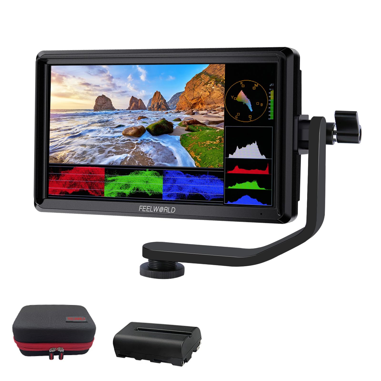 FEELWORLD S55 V2 Monitor da campo per fotocamera DSLR da 5,5 pollici con custodia per il trasporto della batteria Bundle Monitor per fotocamera FHD IPS Supporto 4K HDMI Ingresso uscita braccio
