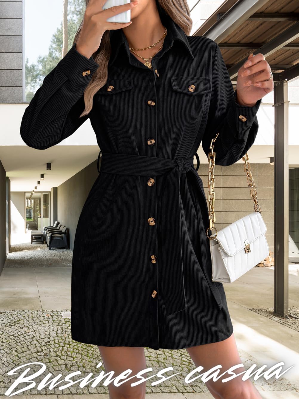 Women's Business Casual Corduroy Shirt Dress, Collared Button Down with Belt Cinched Waist, Winter Short Dresses - Image 3