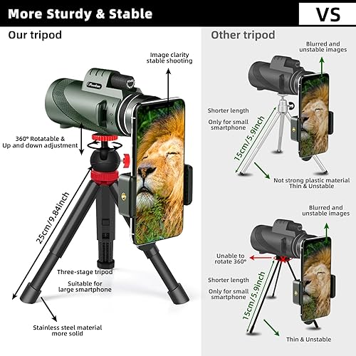 Vista 4 de Telescopio monocular 40x60, monocular de alta potencia para adultos con adaptador de teléfono y trípode y correa de mano, equipado con prisma BAK4