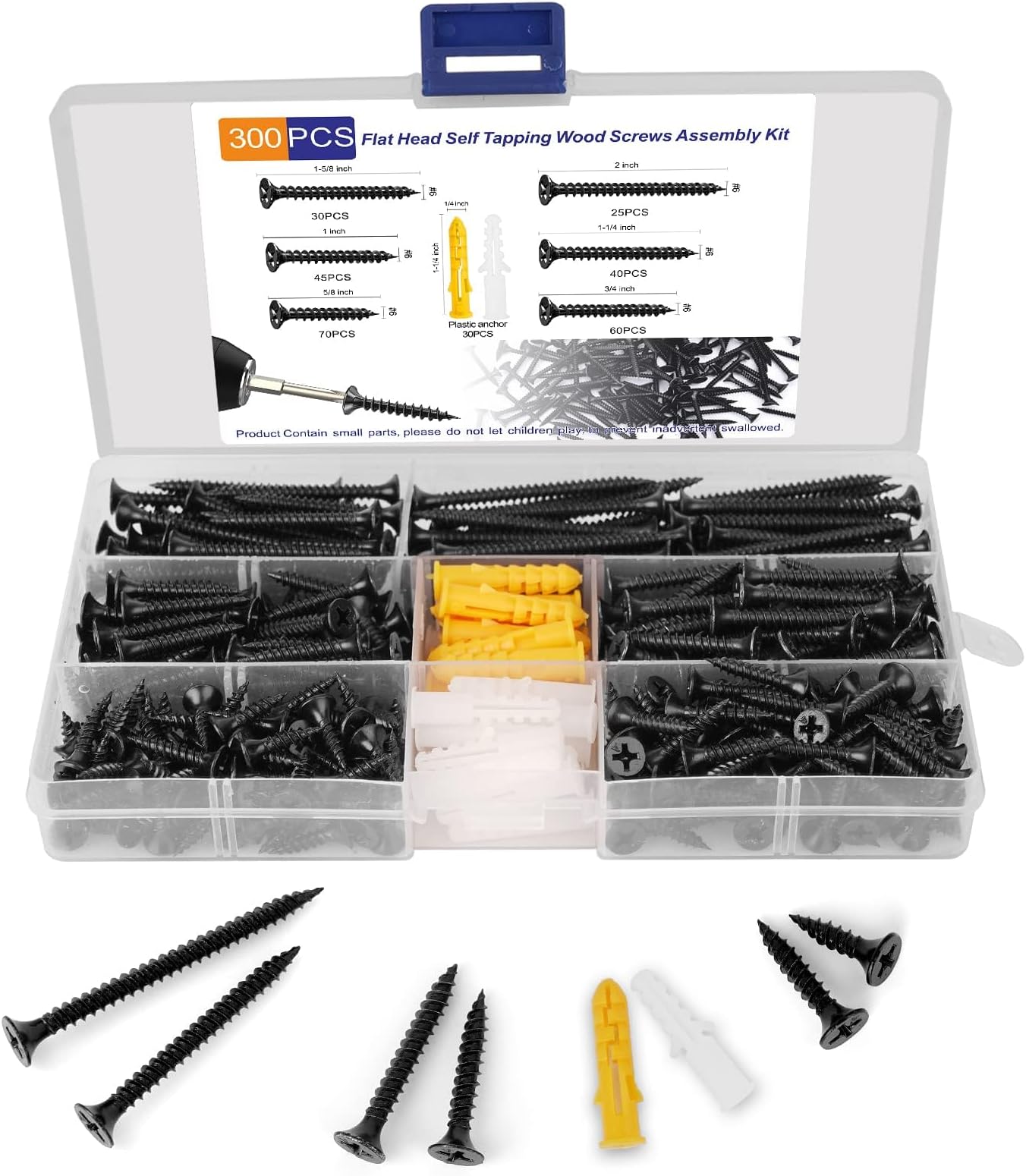 NALACAL Phillips Head Fast Flat Self-Tapping Screws, 300Pcs Drywall Anchors Kit Self Drilling, #6 Black Wood Screws Assortment Fasteners Kit with Case, Length 3/4" to 2"