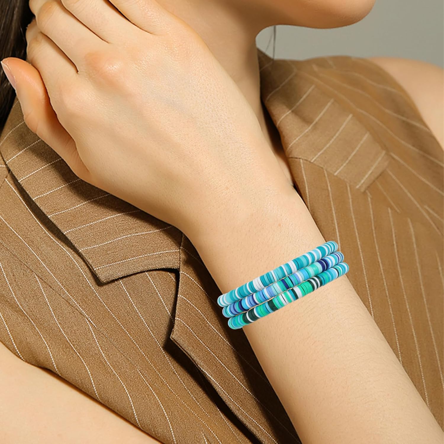 Ornaland 15 Pcs Friendship Bracelets Clay Bead Bracelets Heishi Bracelets Set Stackable Surfer Stretch Summer Beach Bracelets for Women - Image 6