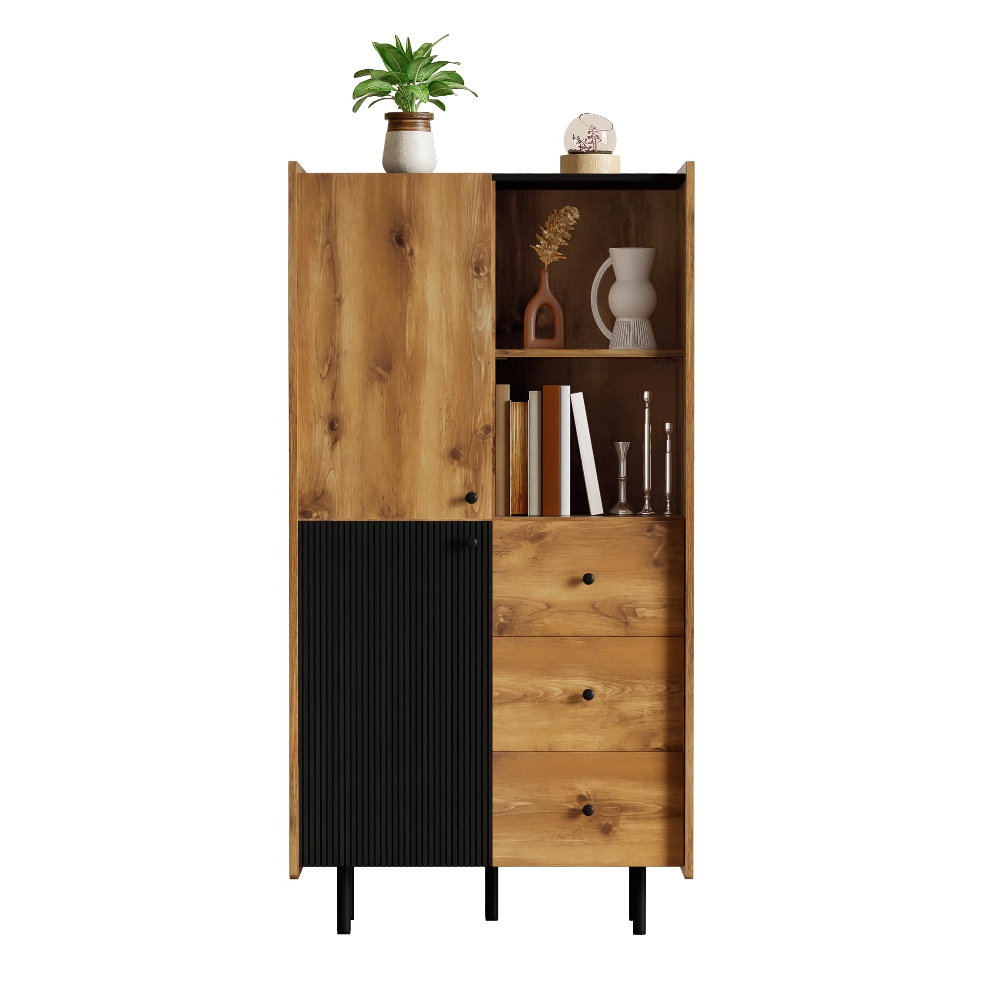 Credenza - altezza 160 cm, moderna credenza con due ante, TRE cassetti e scaffali aperti