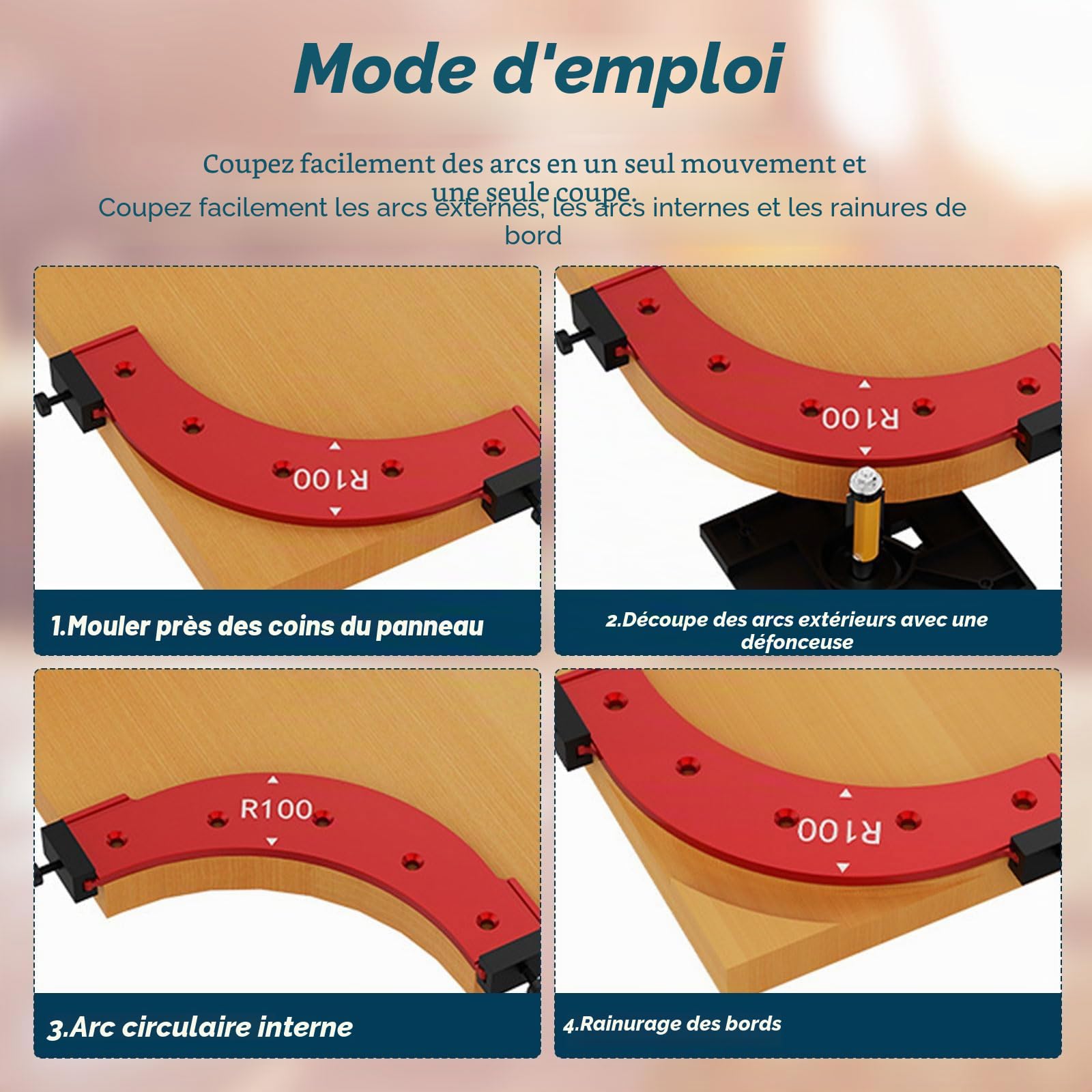 Gabarit d'angle rond, guide de routage d'angle pour le travail du bois R100 R150 R200 R250 R300 Guide de courbe pour bordure d'armoire en aluminium