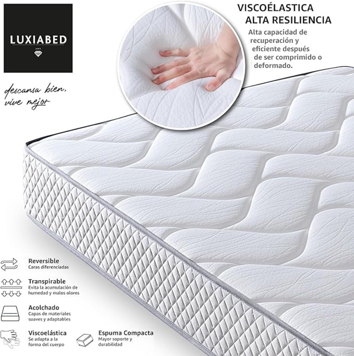 LUXIABED Colchón 150x190 Reversible de Matrimonio. Alto Confort. Transpirable, Antiácaros y Hipoalergénico. Viscoelastica Plus Adaptable. Confort + Firmeza Media Blanco. Modelo Genius Altura 30 cm