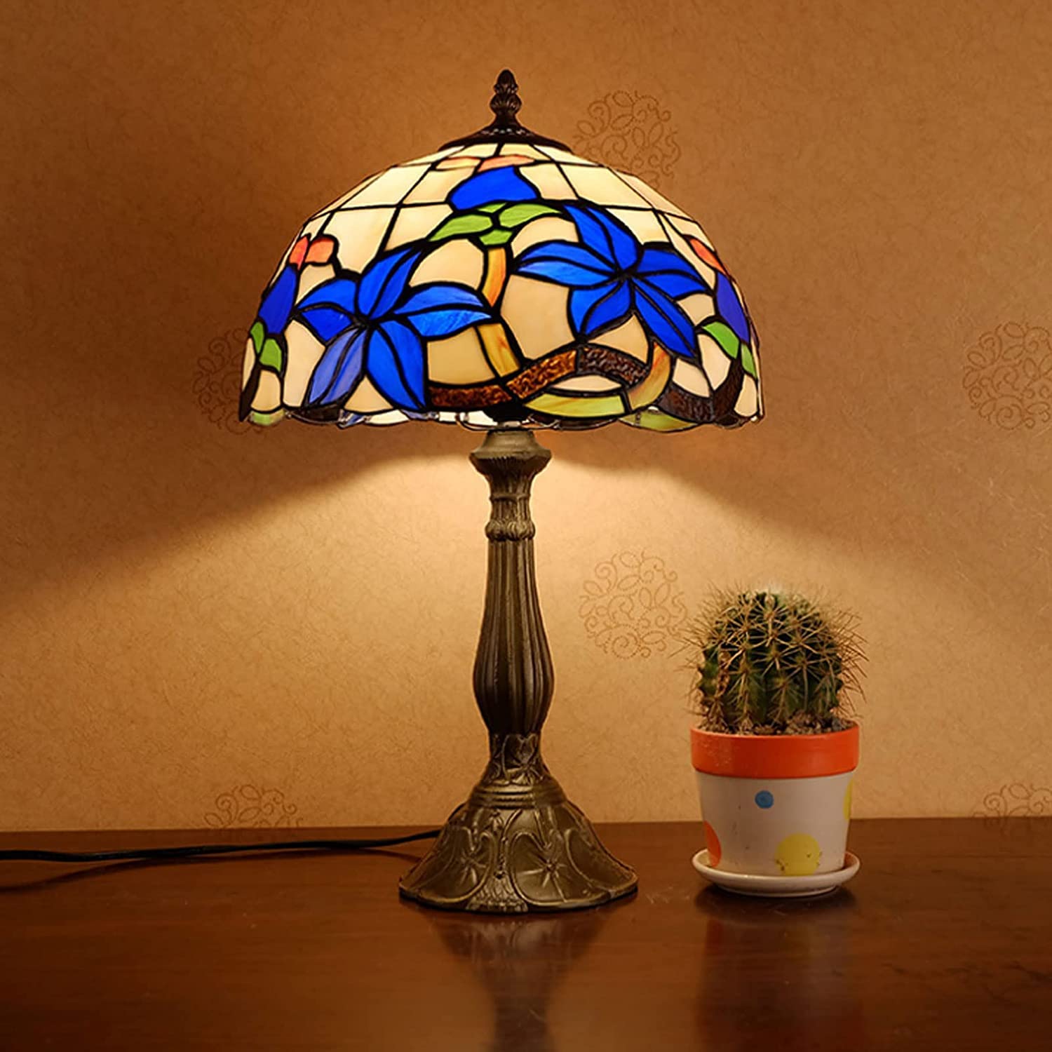 schöne Glaslampe schöne Glas Tischlampe Leselampe Nacht Lampe Persönlichkeit Blau Gardenia Buntglas Schreibtisch Lichter für Wohnzimmer Schlafzimmer Nachttische doppelte Komfort