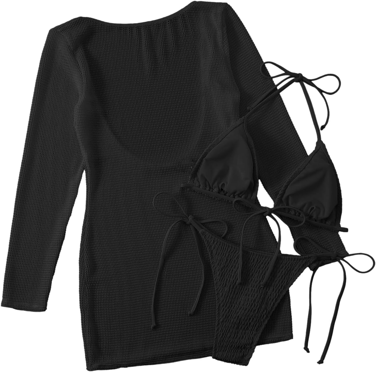 Lilosy Sexy Crochet Sheer Long Sleeve Cover Up Bikini Set Swim Bathing Suit Beach Dress 3 Piece - Image 5