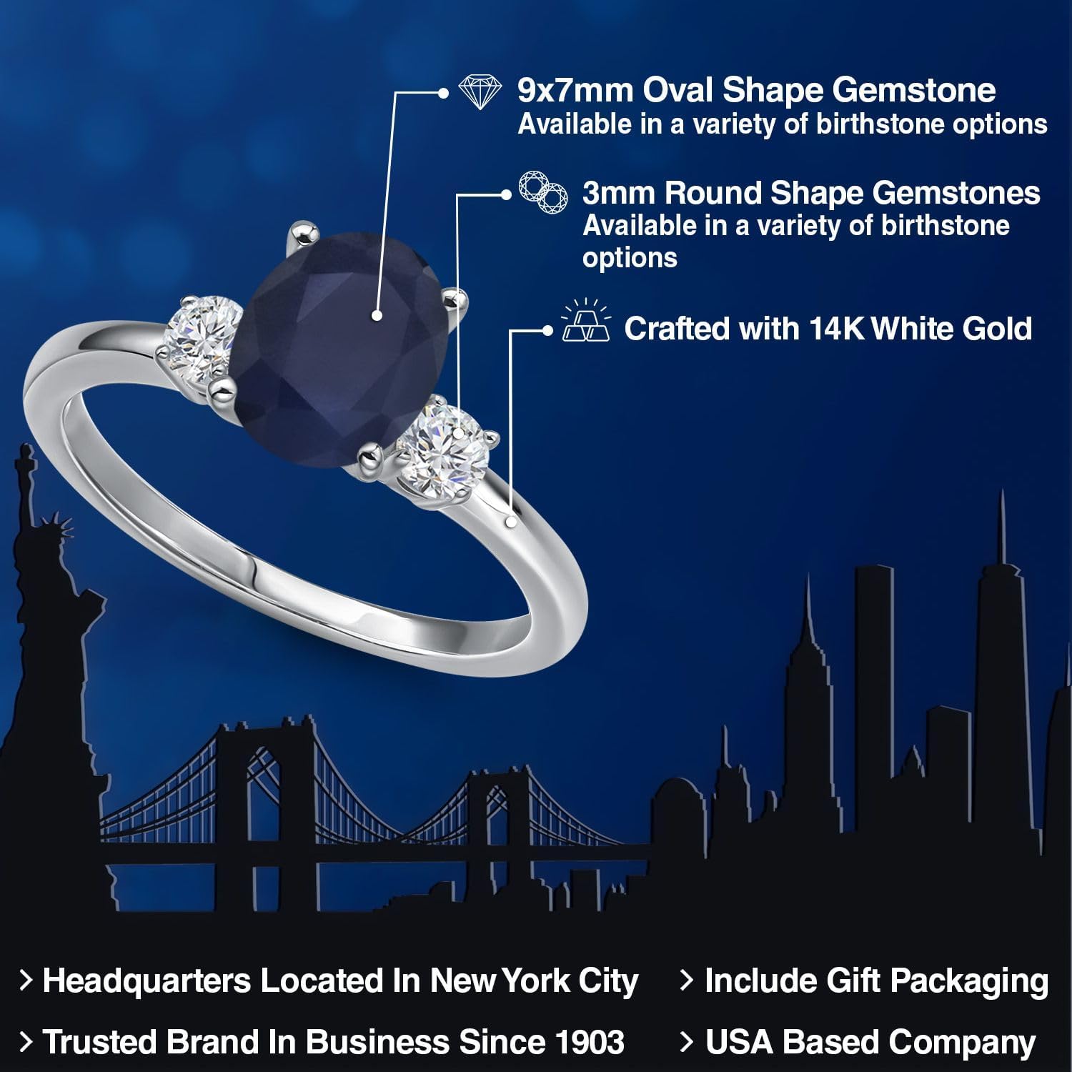 Gem Stone King 14K White Gold Oval Gemstone Birthstone and White Lab Grown Diamond 3-Stone Ring | Oval 9X7MM and Round 3MM | Three Stone Wedding Anniversary Promise Gold Ring For Women - Image 2